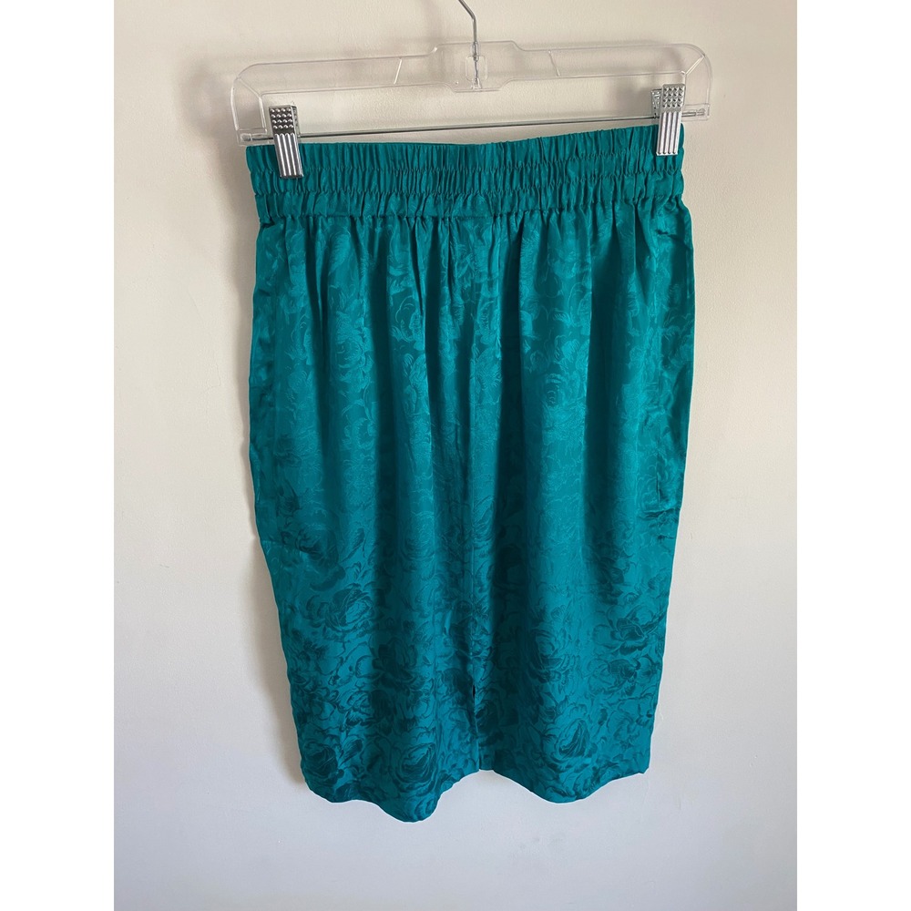 Vintage Teal Green 100% Silk Floral Jacquard Pleated Midi Skirt Womens Size 8 - Picture 3 of 6